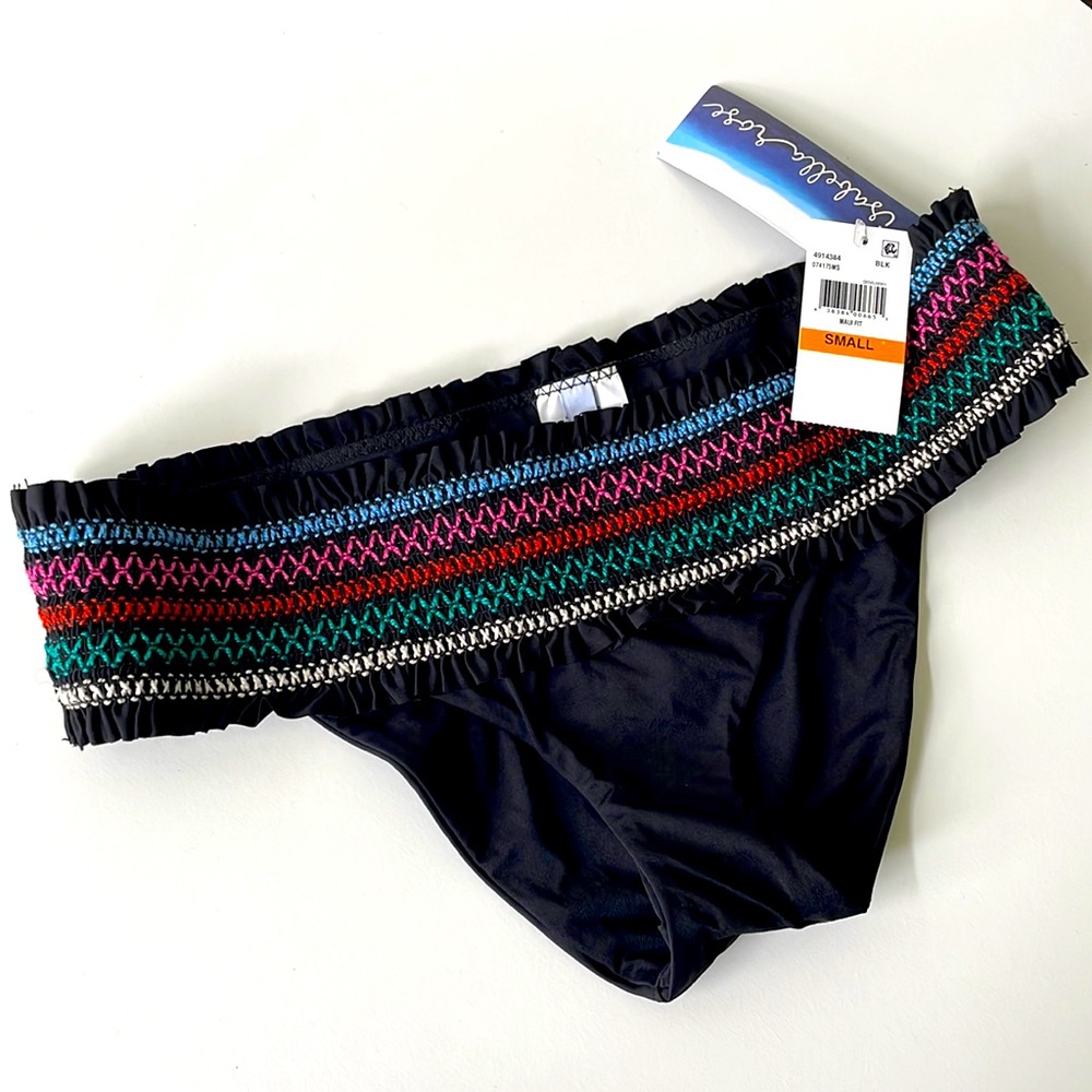NWT black smocked ruffle ISABELLA ROSE Maui swimbottom embroidered multi lowrise